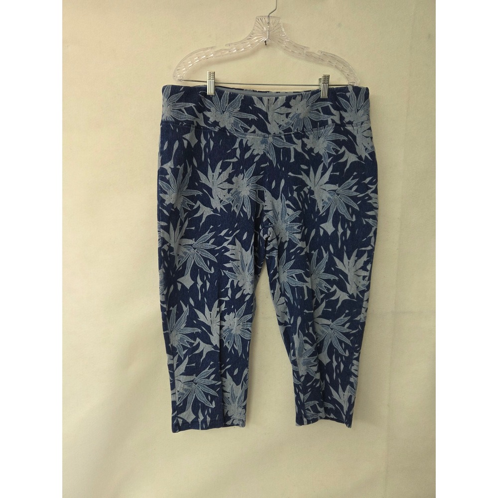 Women with Control Renee Greenstein Blue Tropical Leaf Capri Pants 1X Stetch